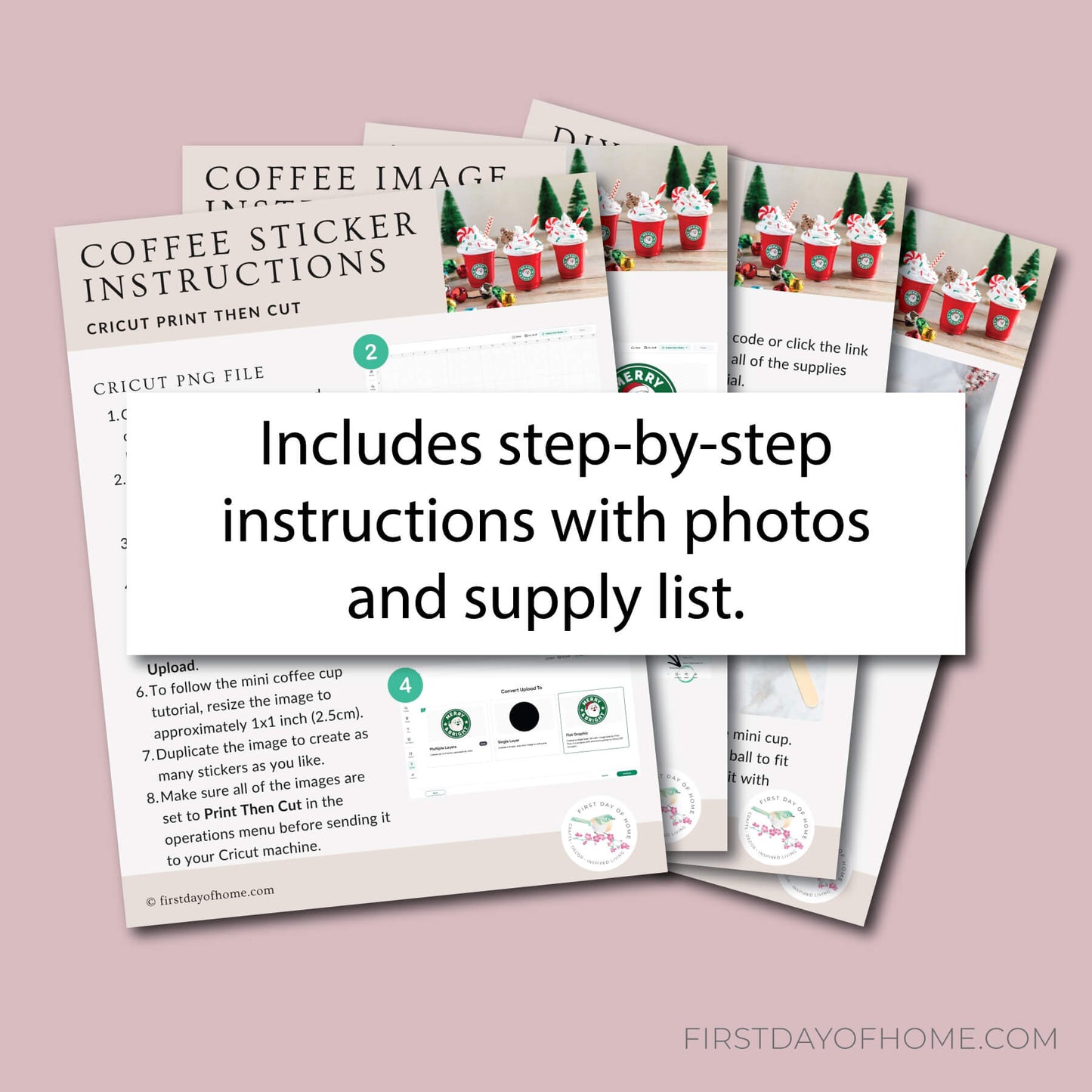 Preview of written instructions for making a mini coffee cup ornament and uploading the design to Cricut Design Space.
