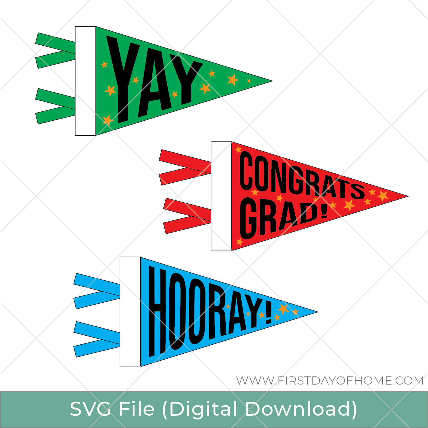 Three pennant flag SVG designs with phrases "Yay" "Congrats, Grad" and "Hooray".