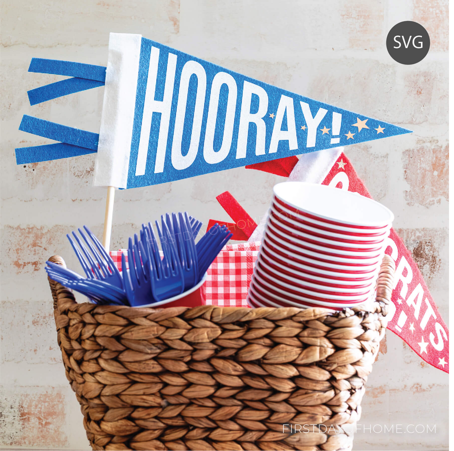 Felt pennant flag in a basket with party supplies.