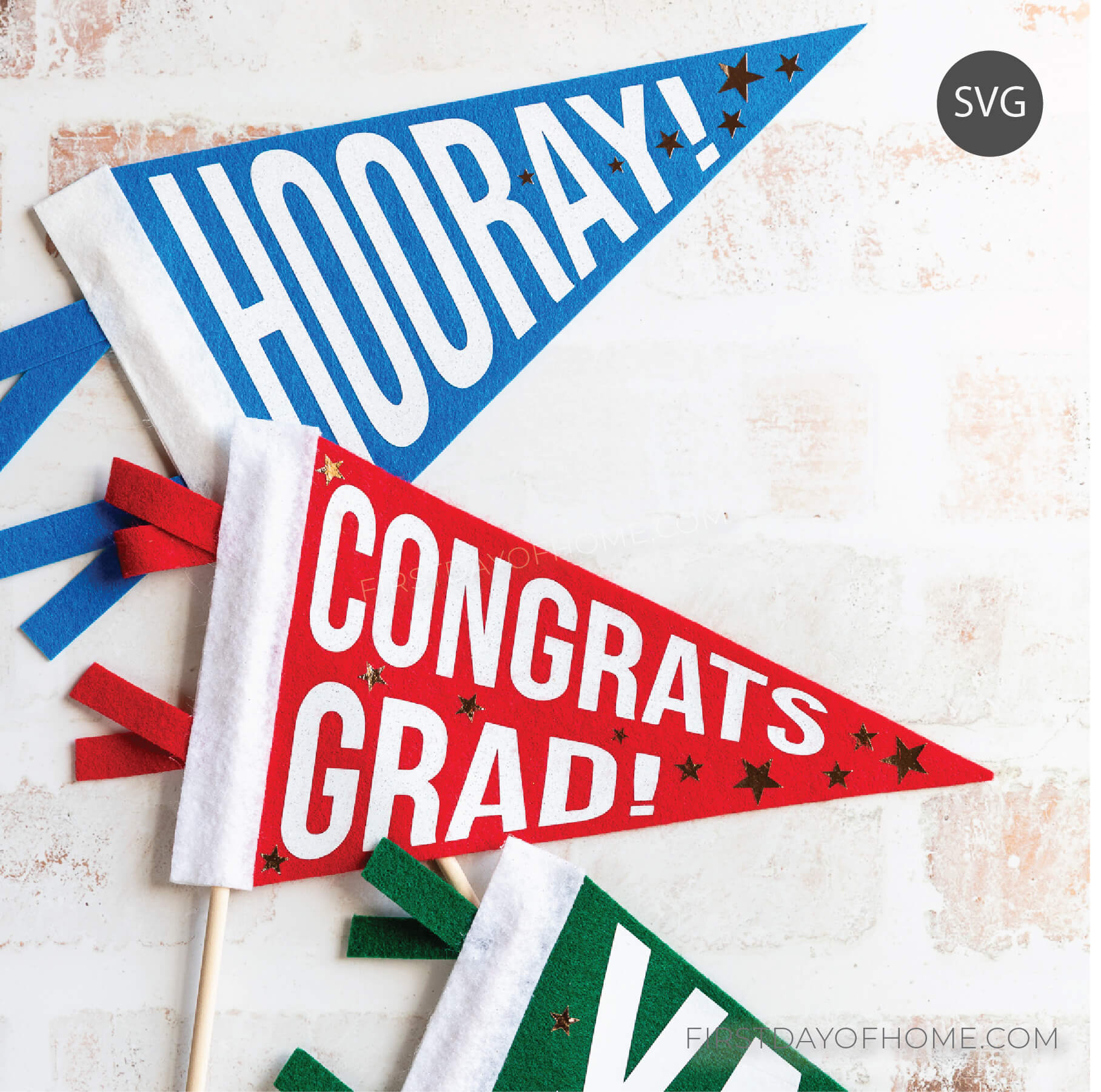 Three felt pennant flags with graduation phrases.