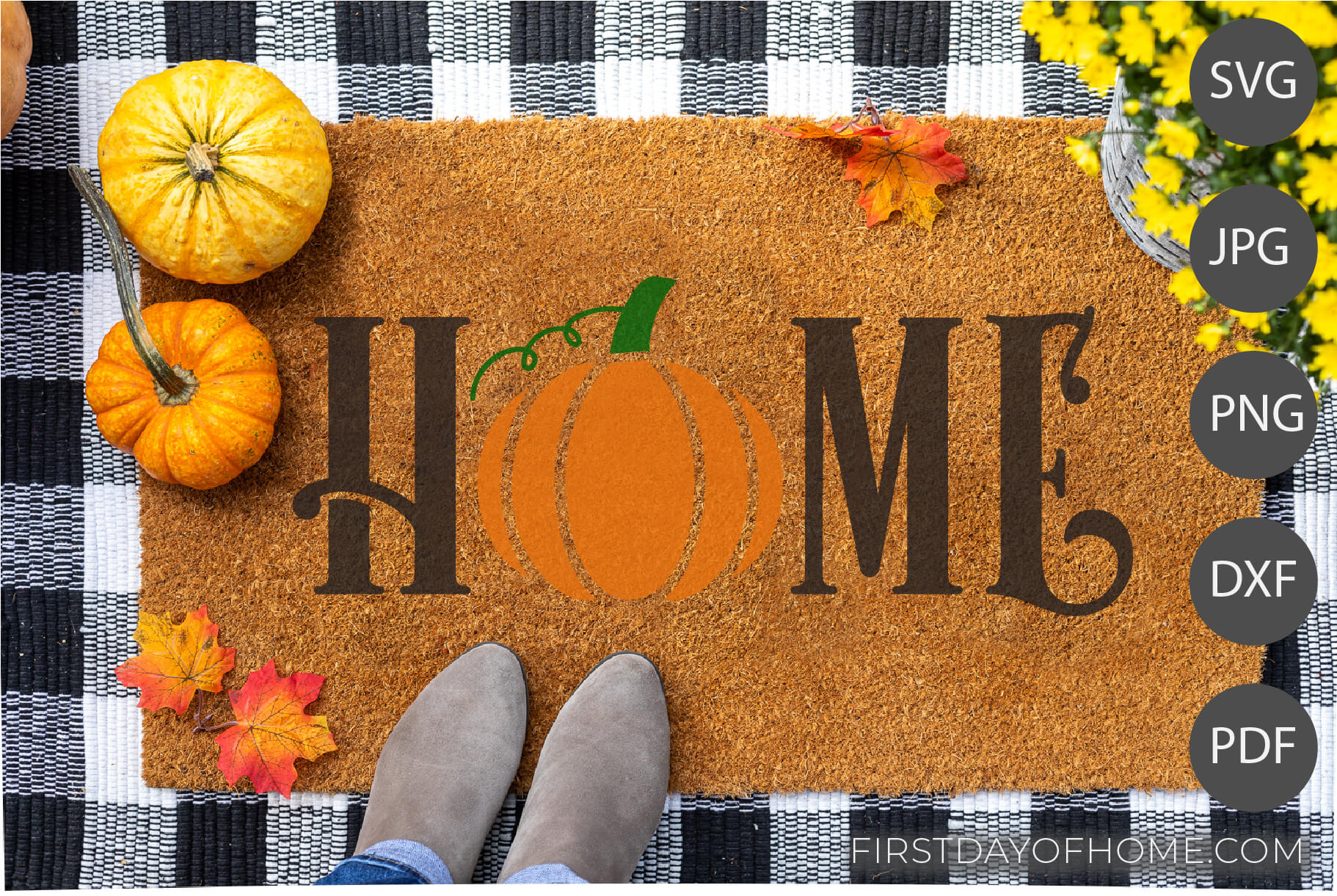 Mockup example of Home fall doormat with pumpkin for "o" using digital files. Lists digital files as SVG, JPG, PNG, DXF and PDF