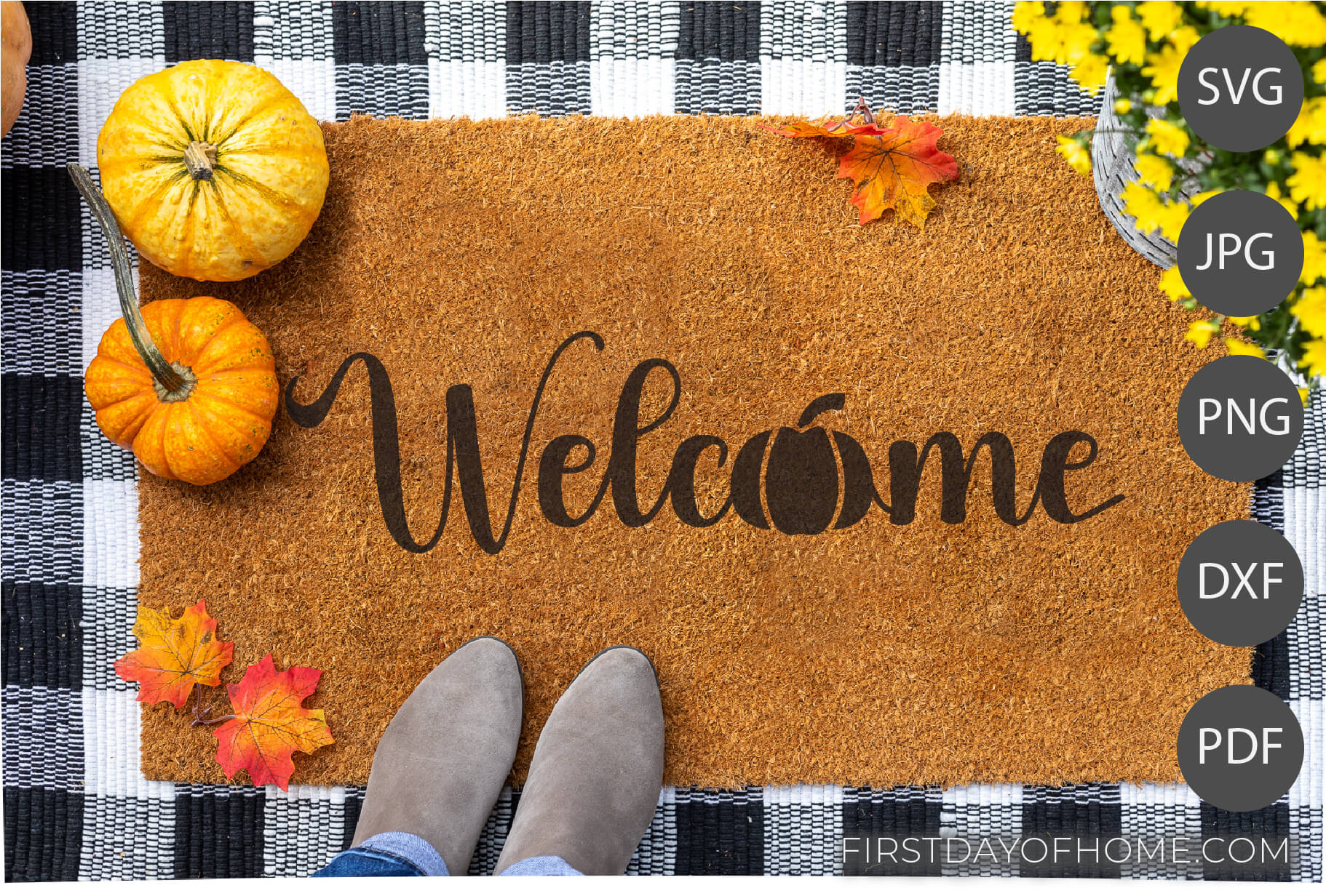 Mockup example of Welcome mat with pumpkin for letter "o" using digital files. Lists digital files as SVG, JPG, PNG, DXF and PDF