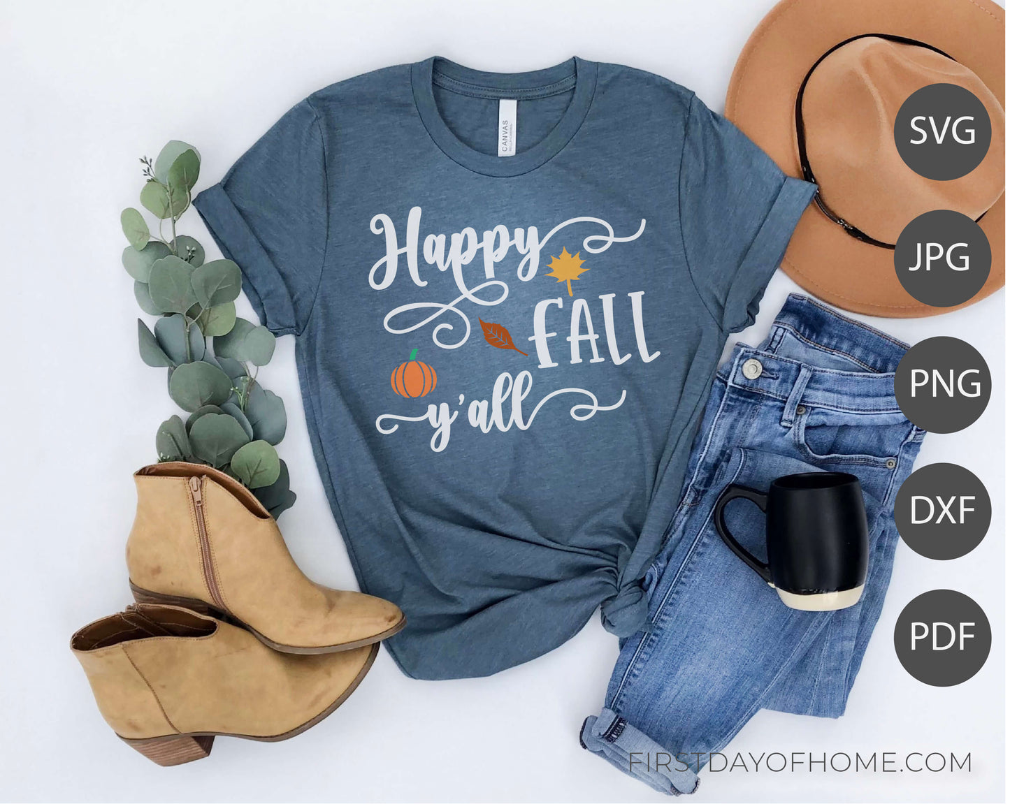 Mockup example of Happy Fall Y'all t-shirt using digital files. Lists digital files as SVG, JPG, PNG, DXF and PDF