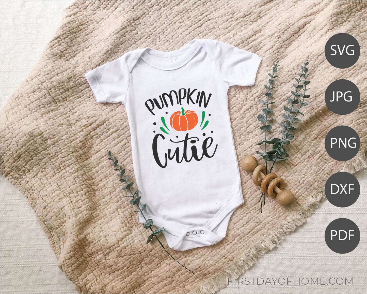 Mockup example of Pumpkin Cutie baby onesie using digital files. Lists digital files as SVG, JPG, PNG, DXF and PDF