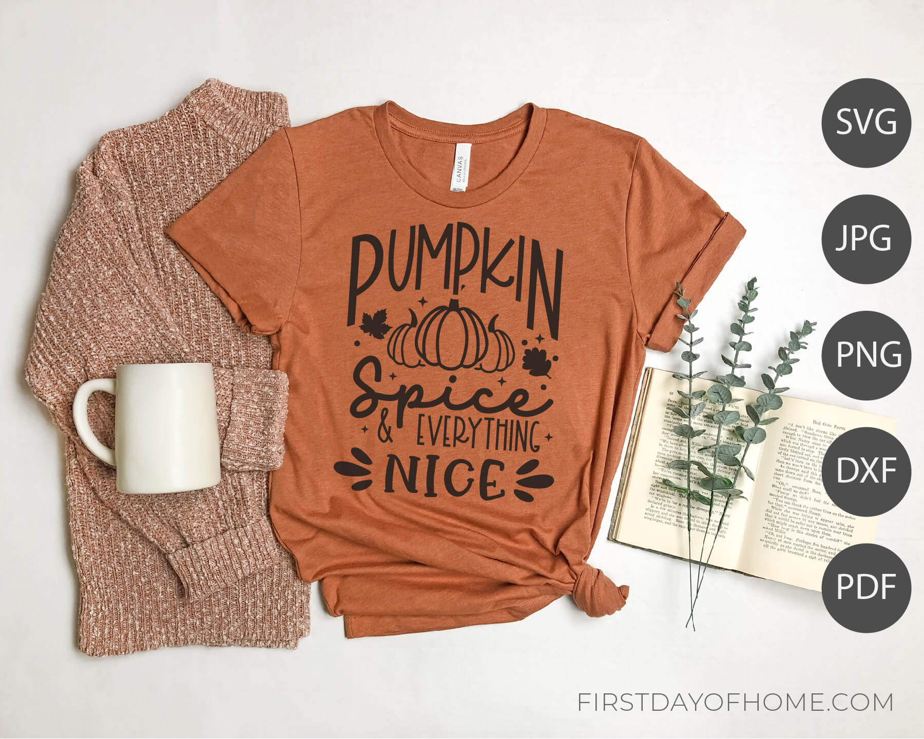Mockup example of Pumpkin Spice and Everything Nice t-shirt using digital files. Lists digital files as SVG, JPG, PNG, DXF and PDF