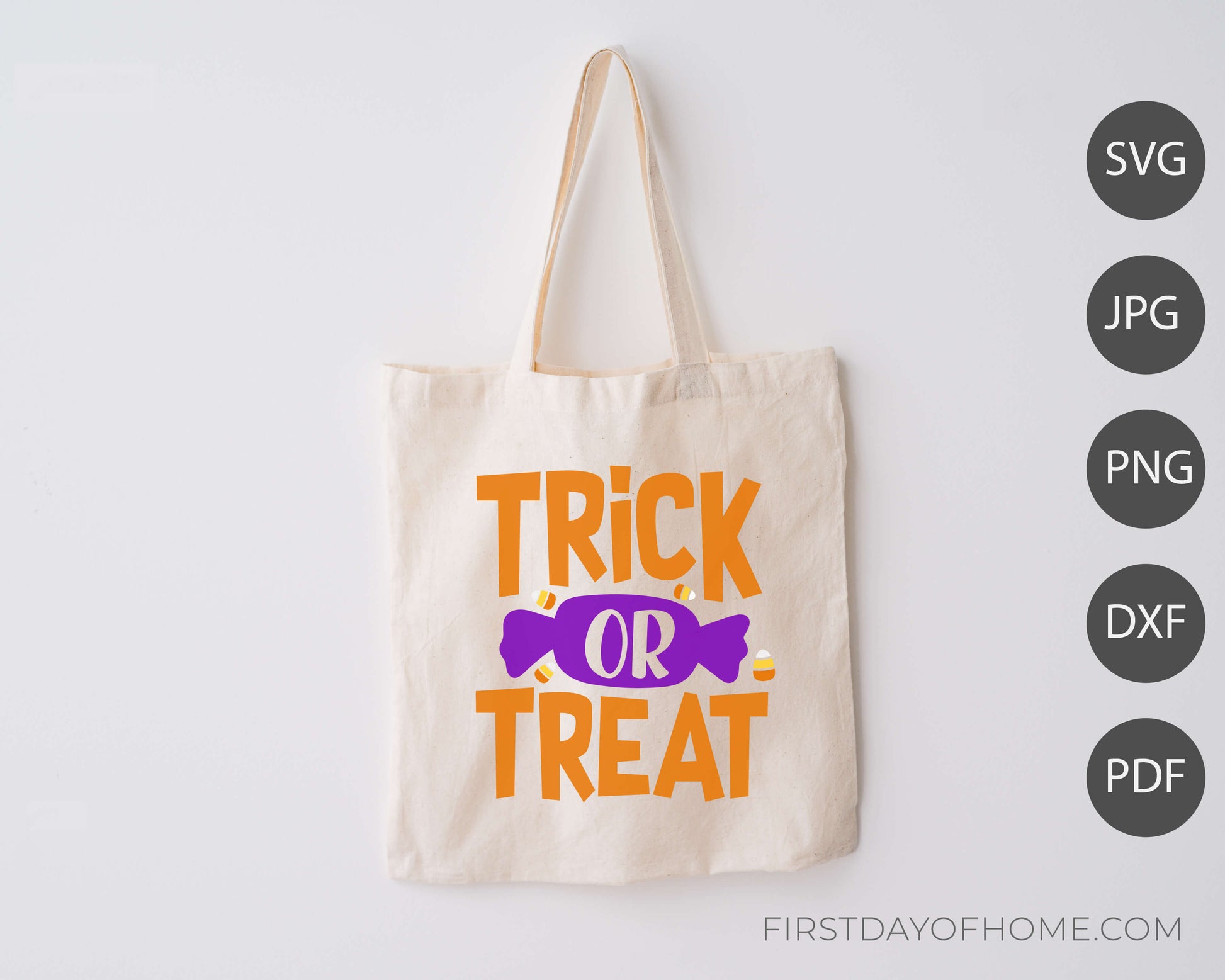 Mockup example of Trick or Treat tote bag using digital files. Lists digital files as SVG, JPG, PNG, DXF and PDF