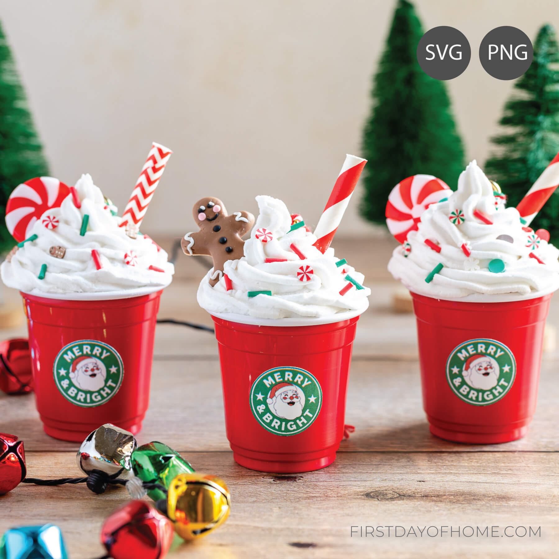 Three mini coffee cup ornaments inspired by Starbucks lattes.