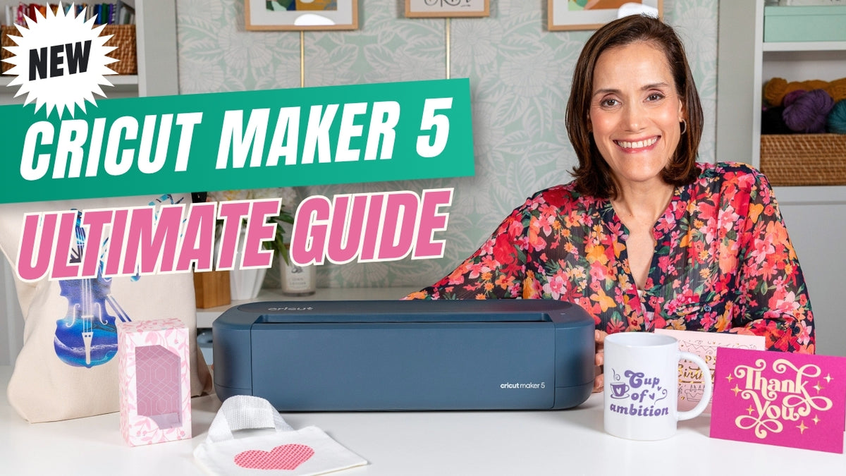 YouTube thumbnail with image of Cricut Maker 5 and title "Cricut Maker 5 Ultimate Guide".