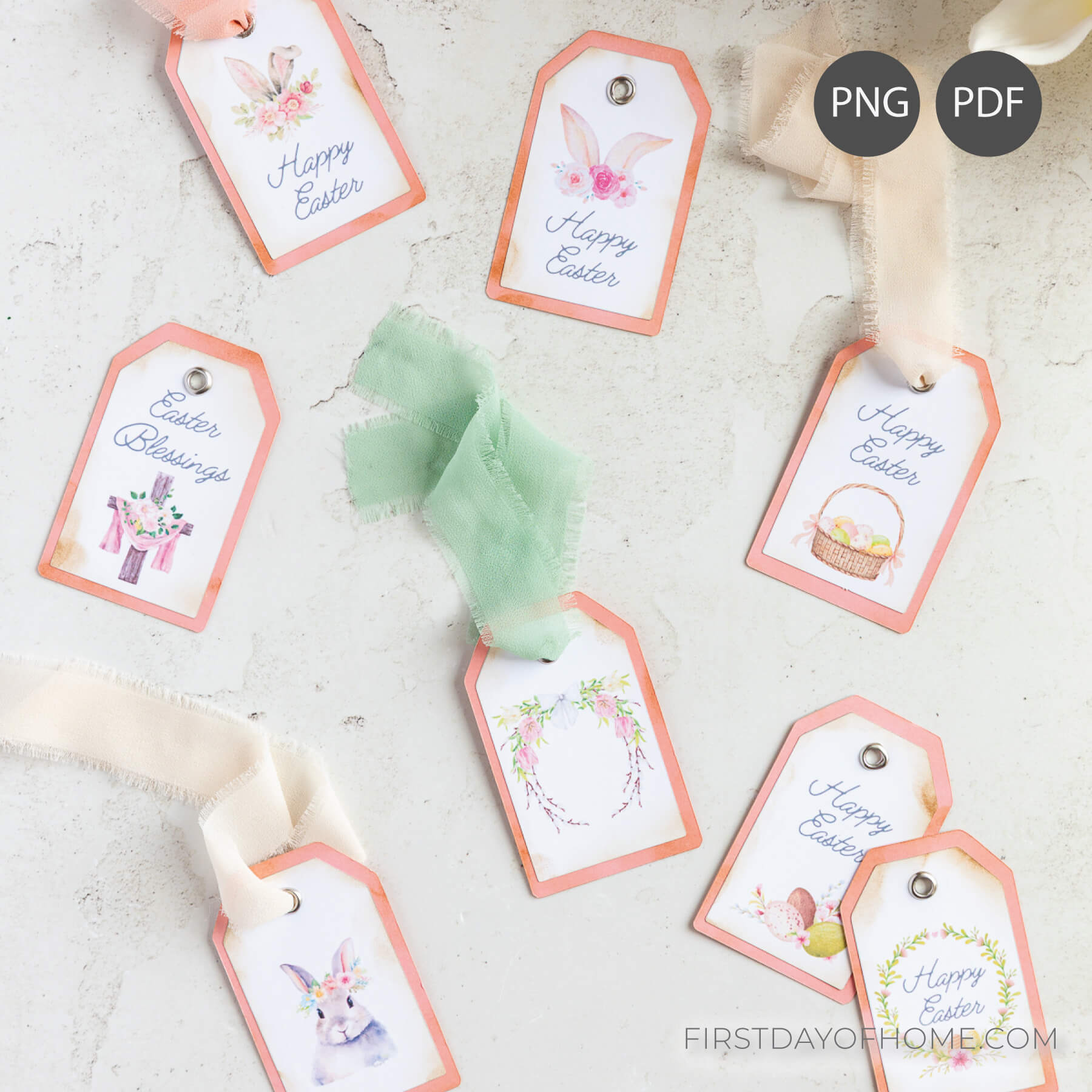 Printed Easter gift tags with layered design and images of baskets, bunnies, and floral accents.