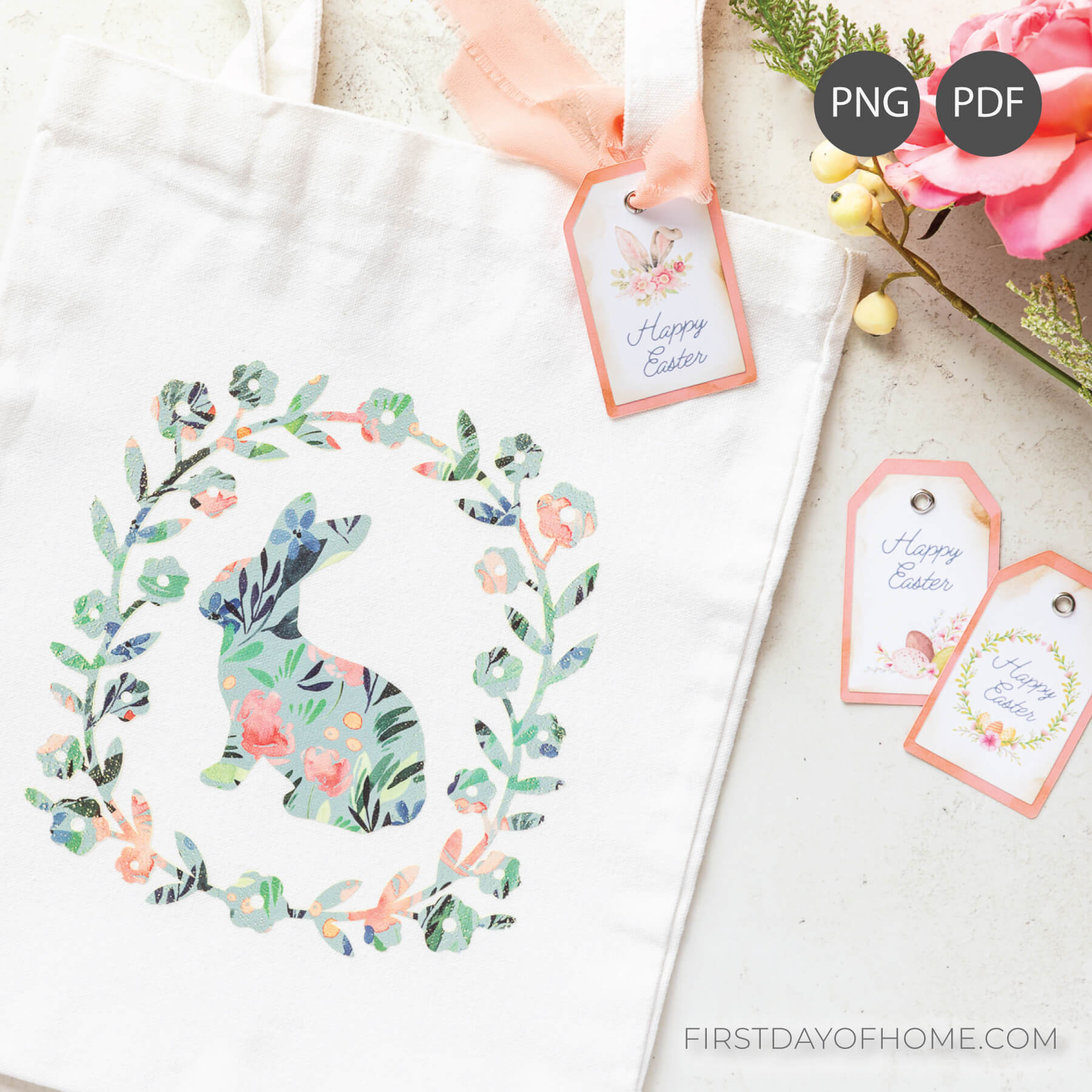 Easter tote bag with bunny design next to printable Easter gift tags with watercolor Easter designs.
