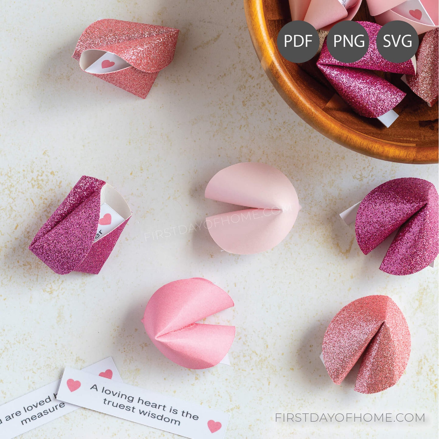 Paper fortune cookies filled with printed fortune phrases.