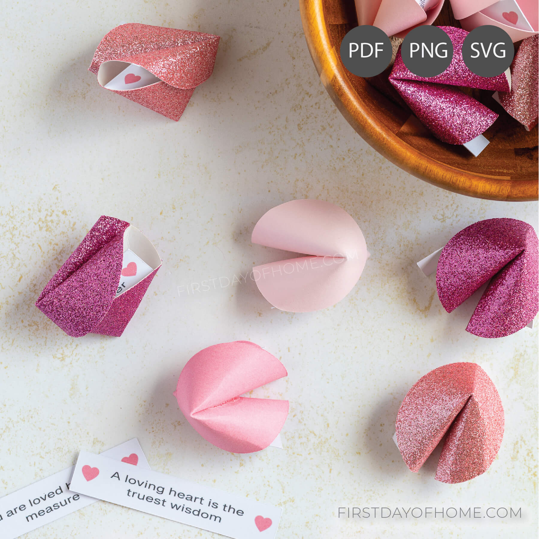 Paper fortune cookies filled with printed fortune phrases.