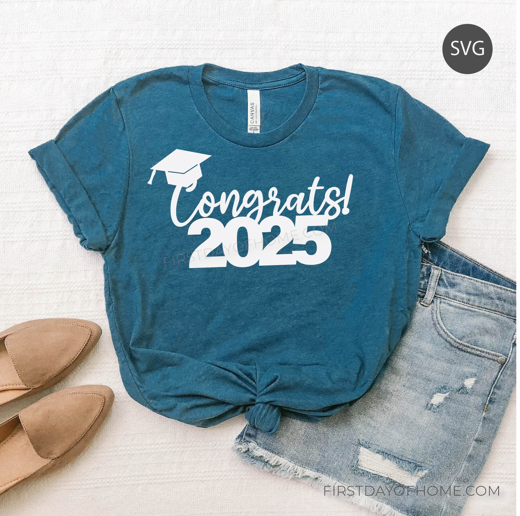T-shirt that reads "Congrats 2025" shown with jean shorts and loafers.