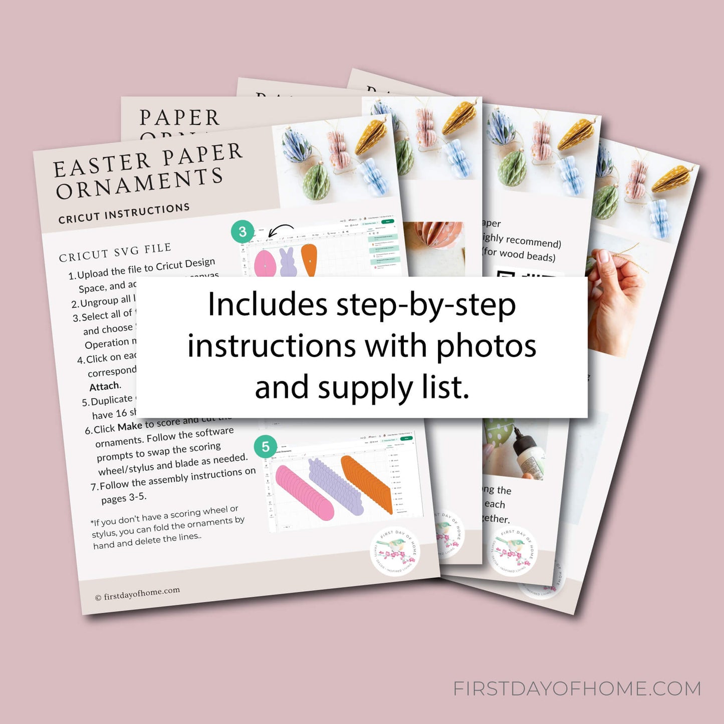 Mockup of four pages of instructions for making paper Easter ornaments with text overlay that reads "Includes step-by-step instructions with photos and supply list".