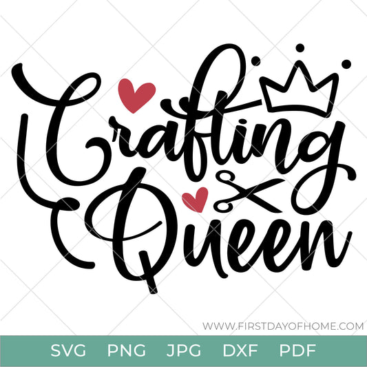Crafting Queen digital design with hearts and crown image for Cricut cut file use