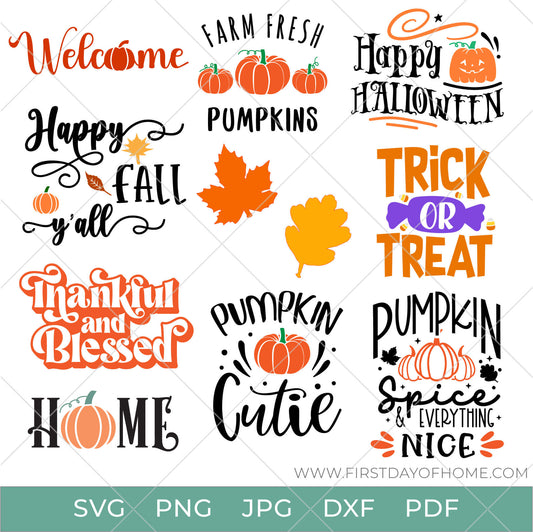 Various phrases related to fall and Halloween as part of Cricut cut file bundle of digital designs, available in SVG, PNG, JPG, DXF and PDF file formats