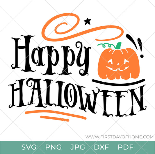 Happy Halloween digital design with jack-o-lantern and swirls, available in SVG, PNG, JPG, DXF and PDF file formats