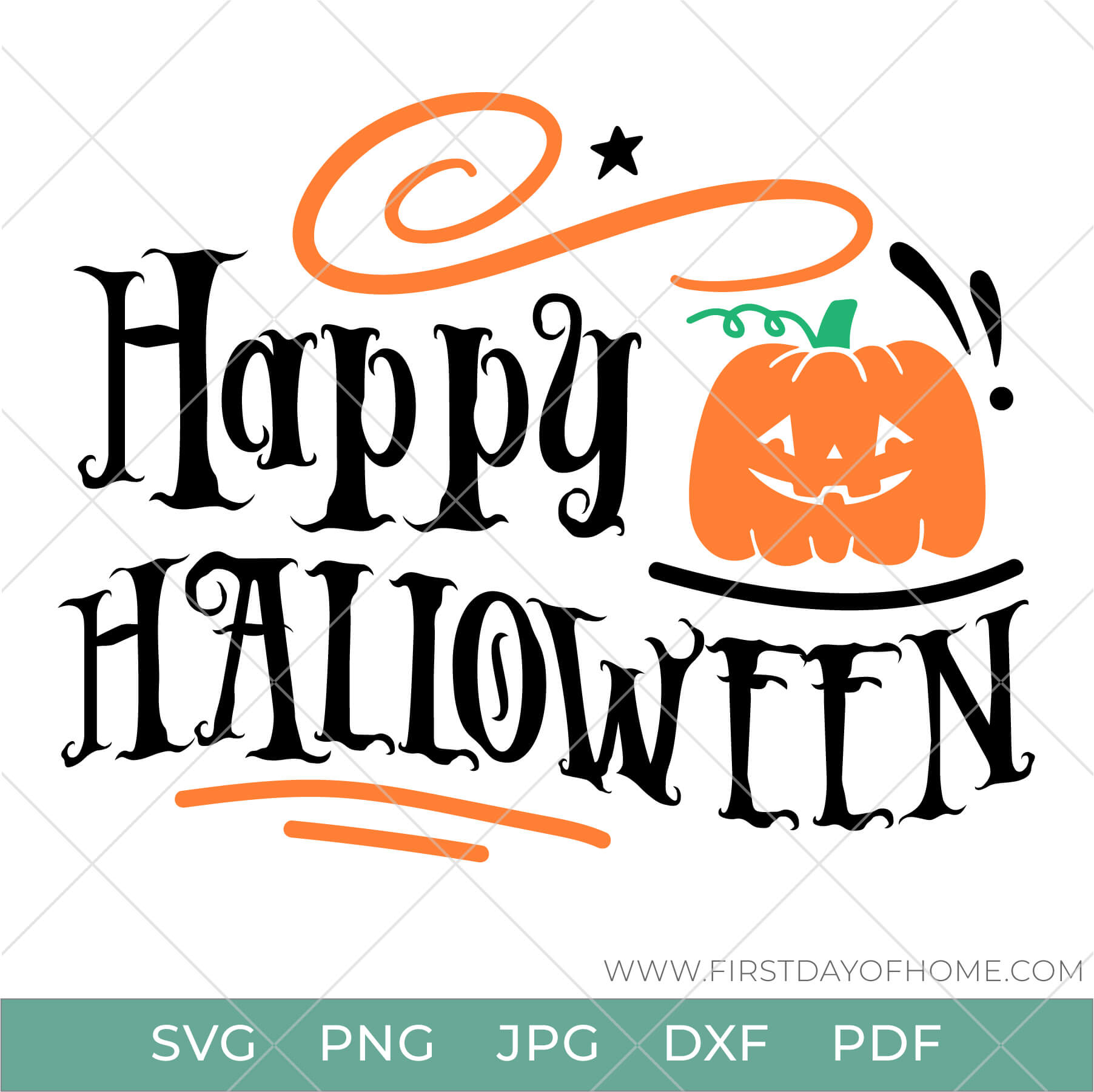 Happy Halloween digital design with jack-o-lantern and swirls, available in SVG, PNG, JPG, DXF and PDF file formats