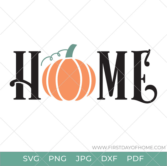 Digital design of the word "Home" with a pumpkin for the "o", available in SVG, PNG, JPG, DXF and PDF file formats