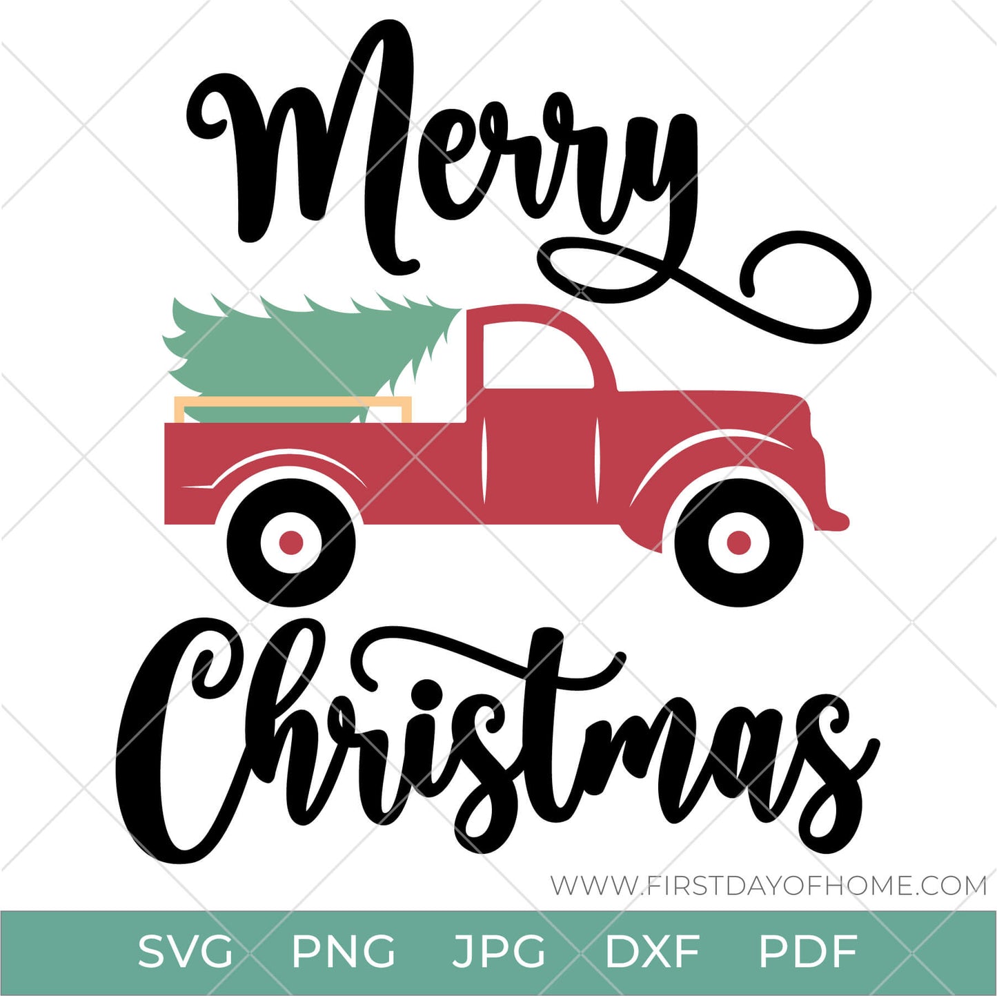 Merry Christmas phrase with farmhouse-style truck with Christmas tree in back