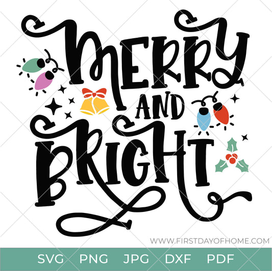 Merry and Bright phrase with Christmas lights, holly leaves and bells
