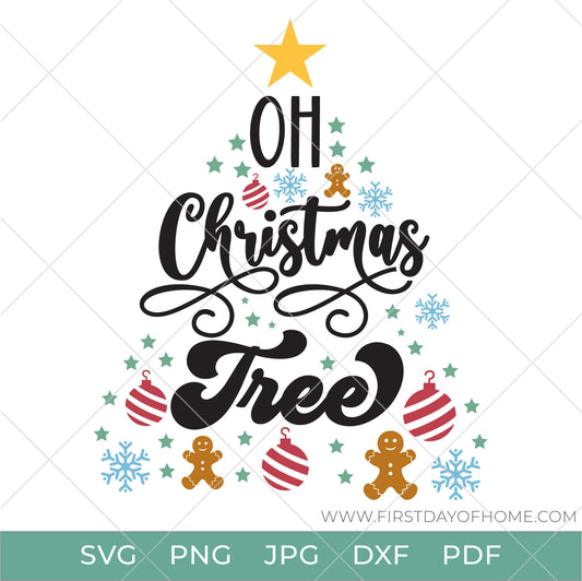 Oh Christmas Tree phrase in the shape of a Christmas tree with snowflakes, gingerbread men, ornaments and stars inside