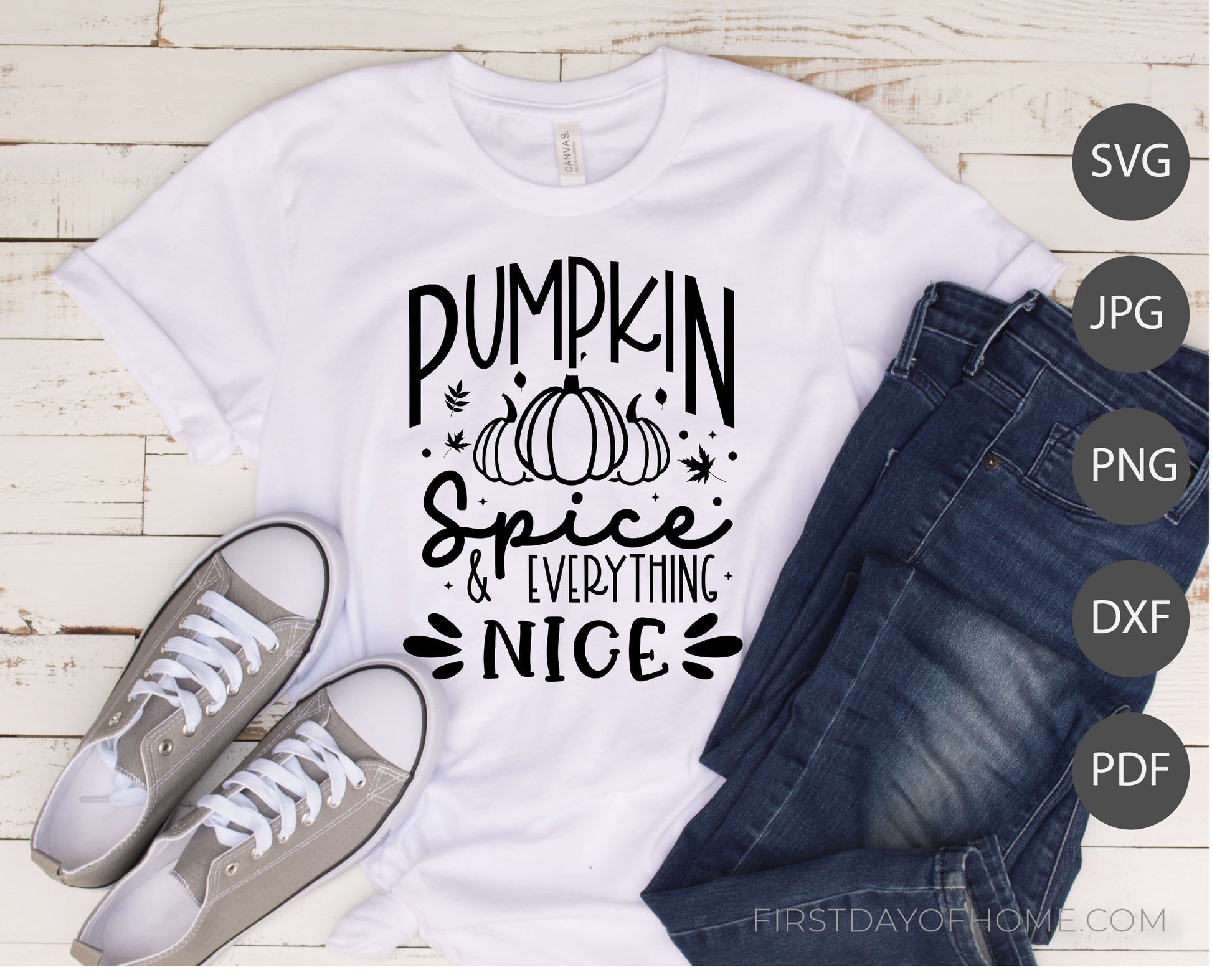 Mockup example of t-shirt with the words "Pumpkin Spice & Everything Nice" with pumpkins and fall leaves, shown with denim jeans and sneakers