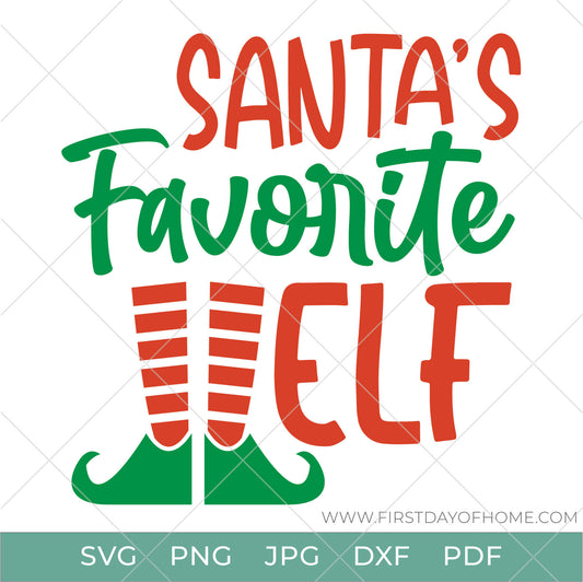Santa's Favorite Elf design with elf legs having striped socks and elf shoes