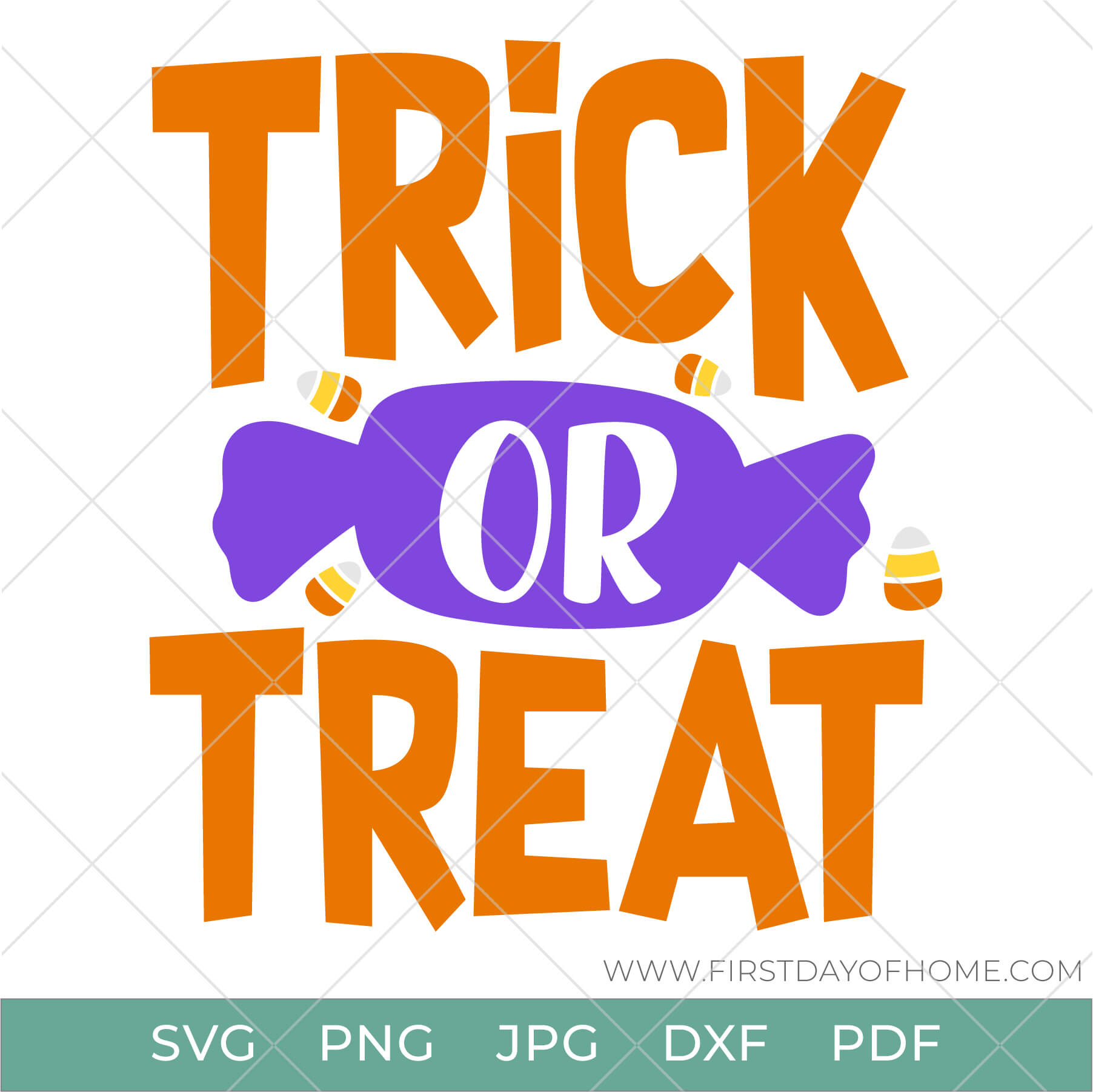 "Trick or Treat" digital design with candy corns, available in SVG, PNG, JPG, DXF and PDF file formats