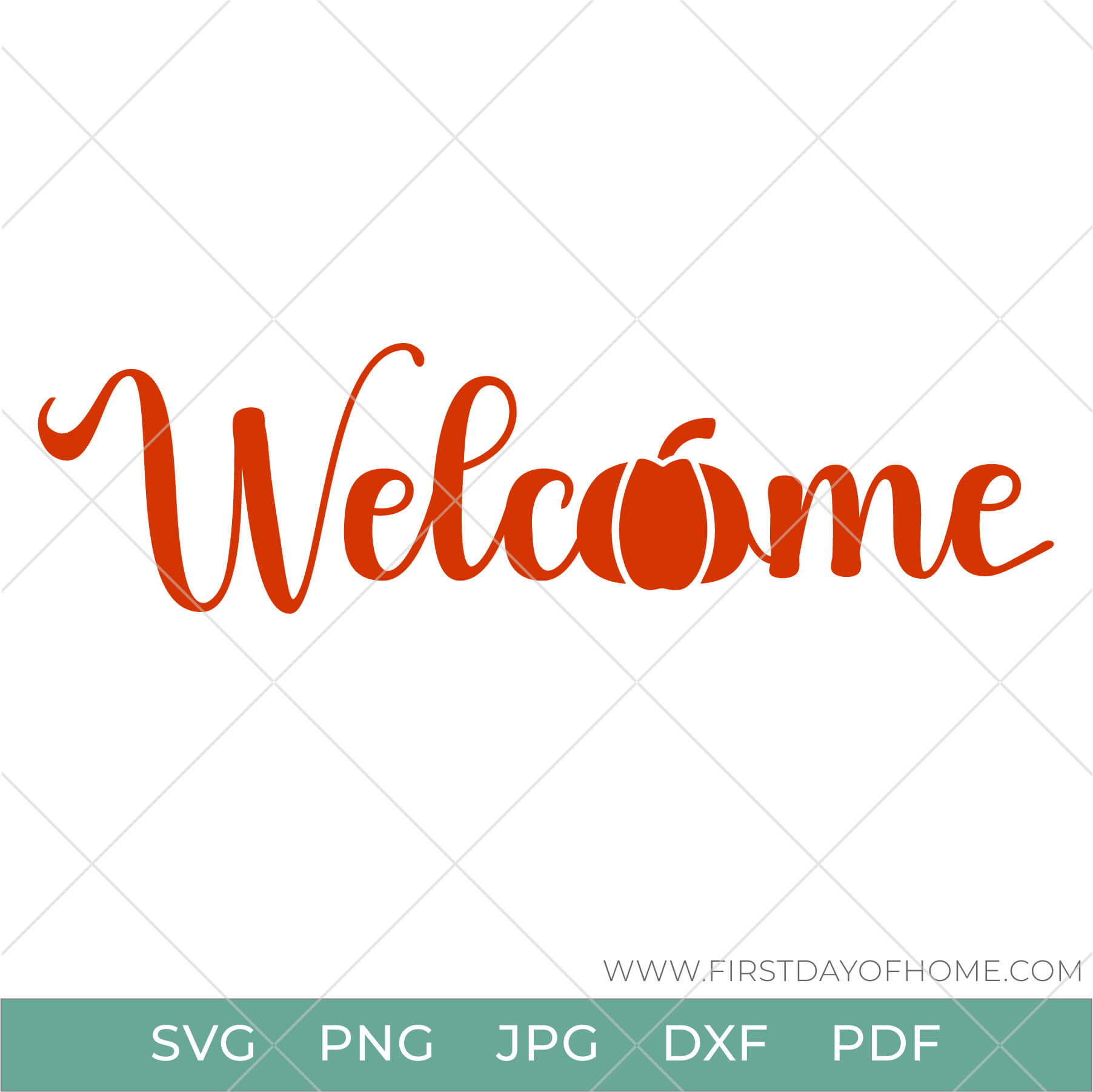 Fall welcome mat digital design with a pumpkin for the "o", available in SVG, PNG, JPG, DXF and PDF file formats